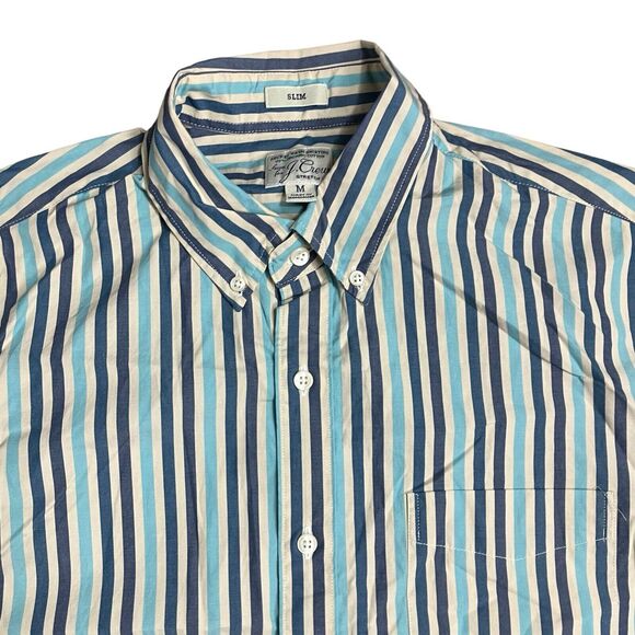 J Crew Shirt Mens M Blue Striped Organic Cotton Slim Button Down AP785 Poplin - Picture 1 of 10